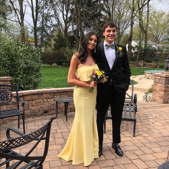 avery g strapless crepe gown